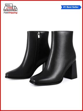Womens Square Toe Ankle Boots Chunky Block Heel Side Zipper Booties